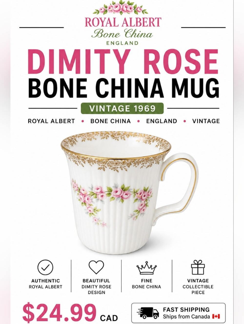 Royal Albert Dimity Rose Beaker Mug – English Bone China, Collectible